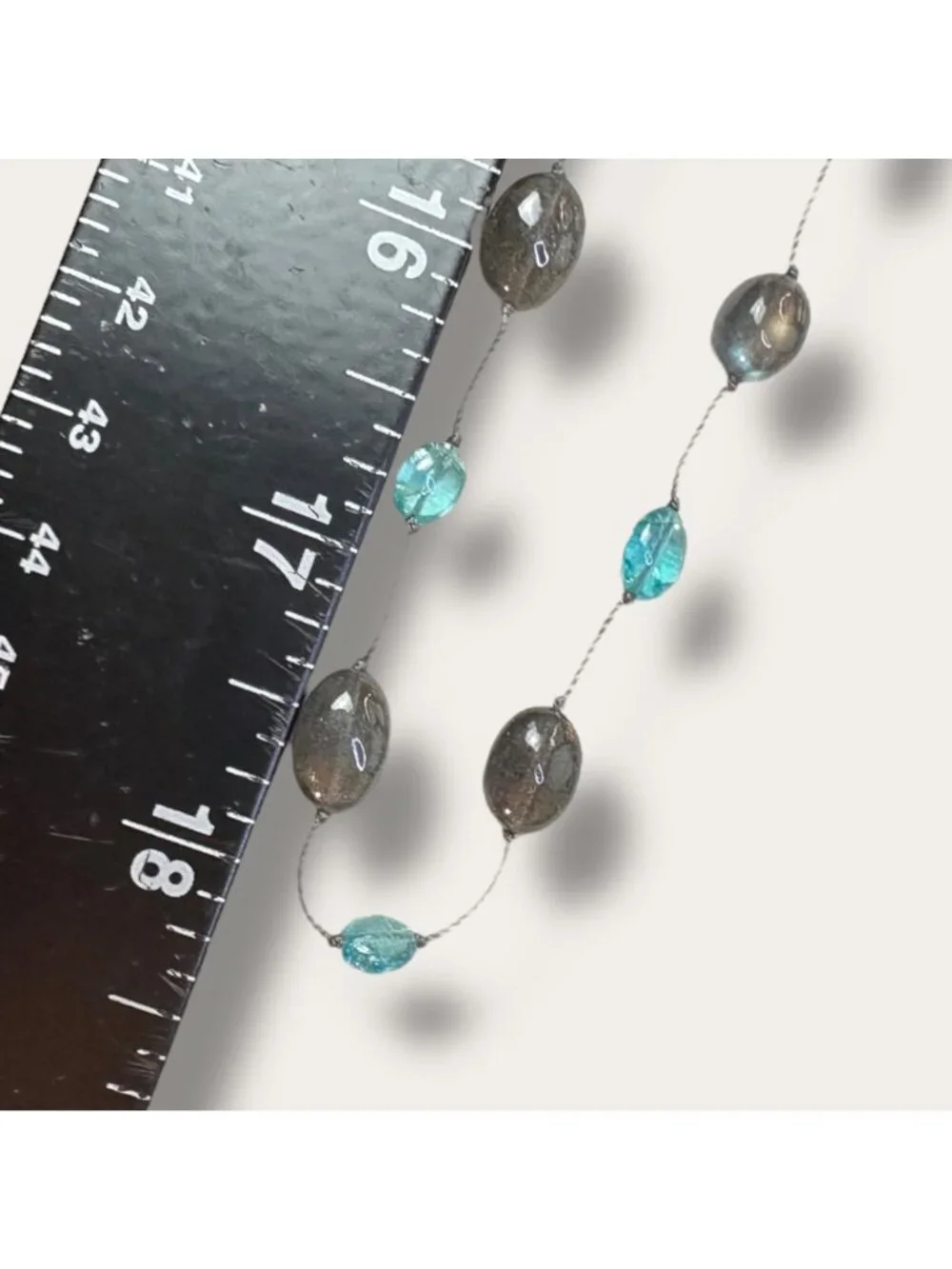 Handcrafted Sea Glass Bead Necklace Hand Knotted Aqua & Smoky Bead 36 inch EVC